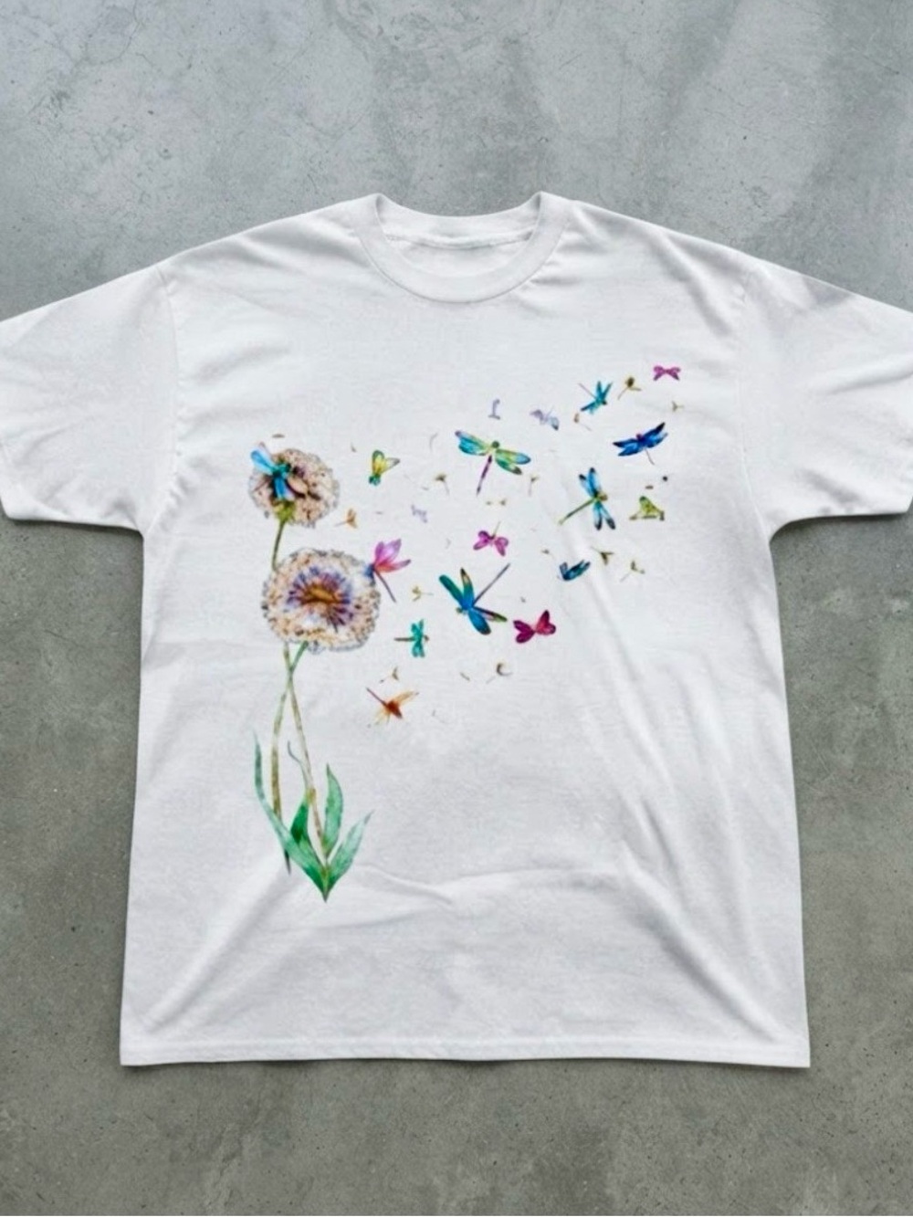 Watercolor Dandelion And Dragonflies Graphic White Gildan T-Shirt